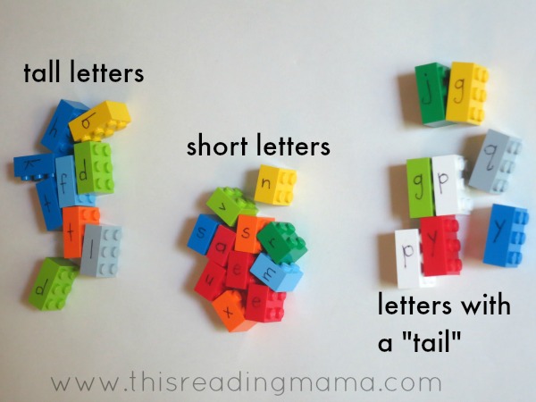 sorting letters by their shape with LEGO bricks