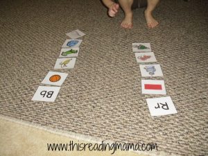 sorting letter sounds on the floor