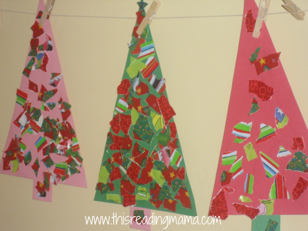 photo of finished torn wrapping paper Christmas tree crafts
