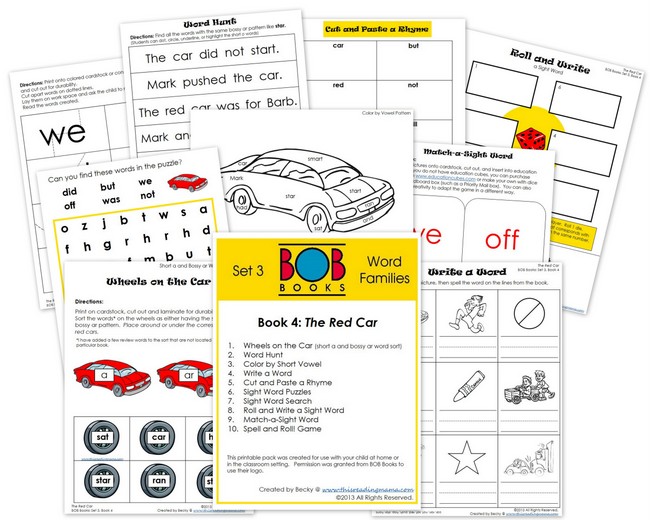 FREE BOB Book Printables for Set 3, Book 4 (The Red Car) | This Reading Mama