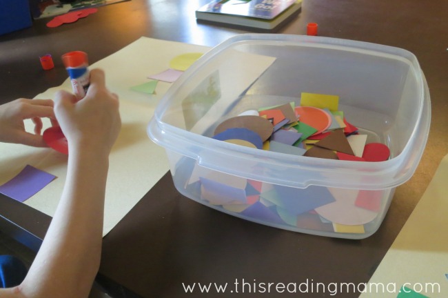 gluing on shapes to create a picture | This Reading Mama