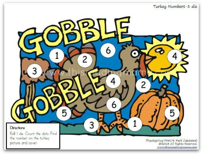 roll 1 die and cover numbers 1-6 on the turkey picture | This Reading Mama