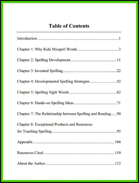 Table of Contents to Teaching Kids to Spell by Becky Spence