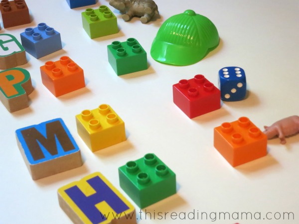 alphabet matching activity with LEGO bricks