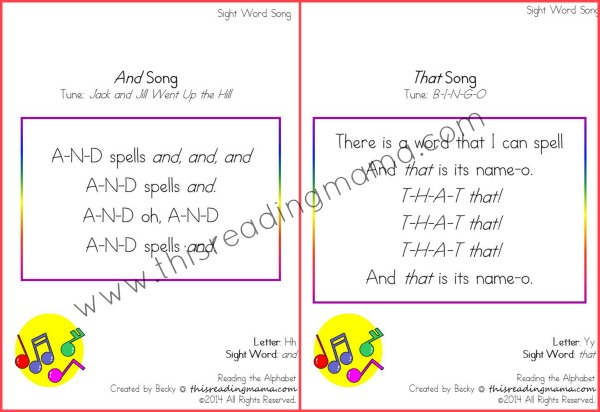 sight word songs from Reading the Alphabet Bundle Pack