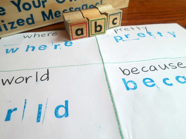 stamping sight words on folded paper