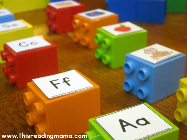 setting up beginning letter sound matching with DUPLO bricks