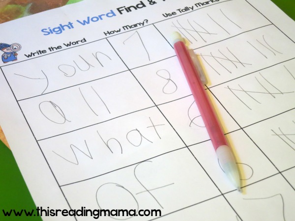 write, count, and tally the sight words from sight word painting