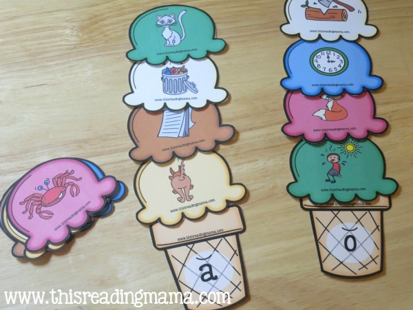sorting short vowel ice cream scoops - short a and short o