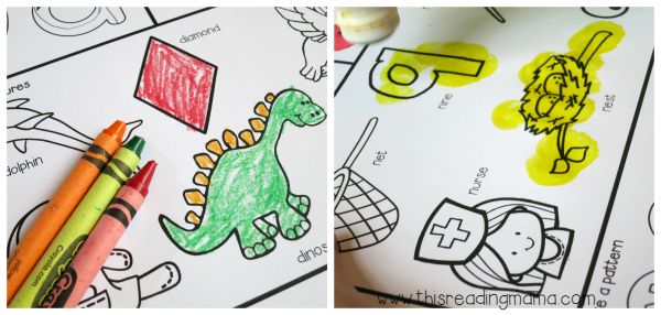 color or paint the pictures on alphabet worksheets