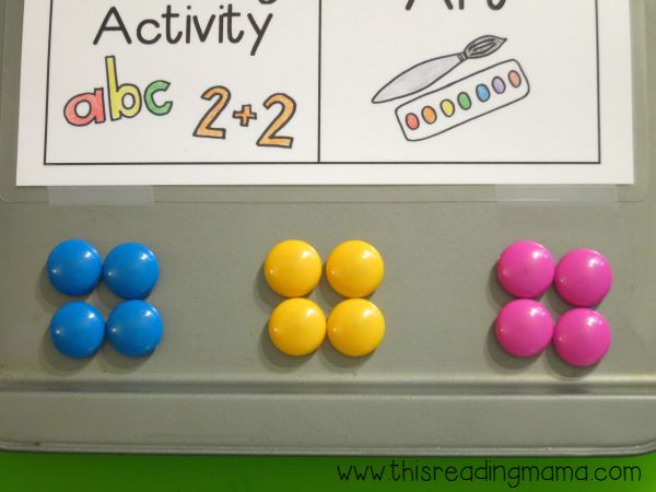 each child has their own color Power Magnet for independent activities choice board