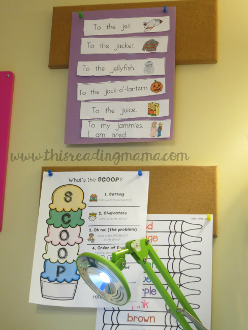 displaying work above her desk from Reading the Alphabet