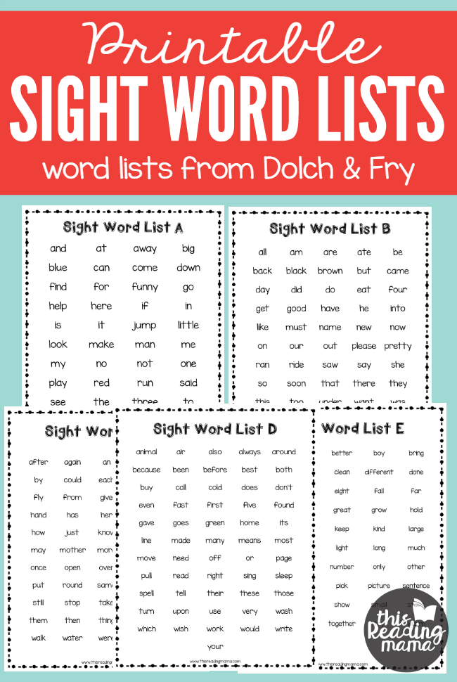 FREE Printable Sight Words List - word lists from Dolch Sight Words and Frys Sight Words | This Reading Mama