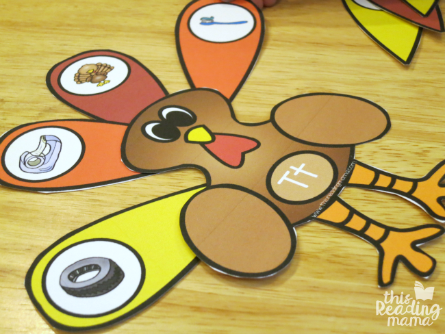 sorting beginning sounds with turkey feathers