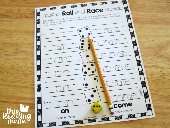 Roll and Race Sight Word Game with on and come
