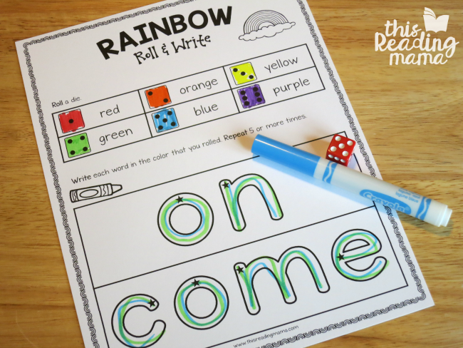 Sight Word Rainbow Roll and Write for on and come