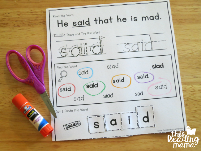 sight word activity page example for said