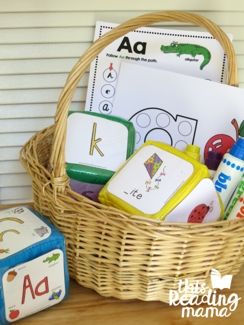 Alphabet Easter Basket with dot pages, dot paint and alphabet phonics cubes