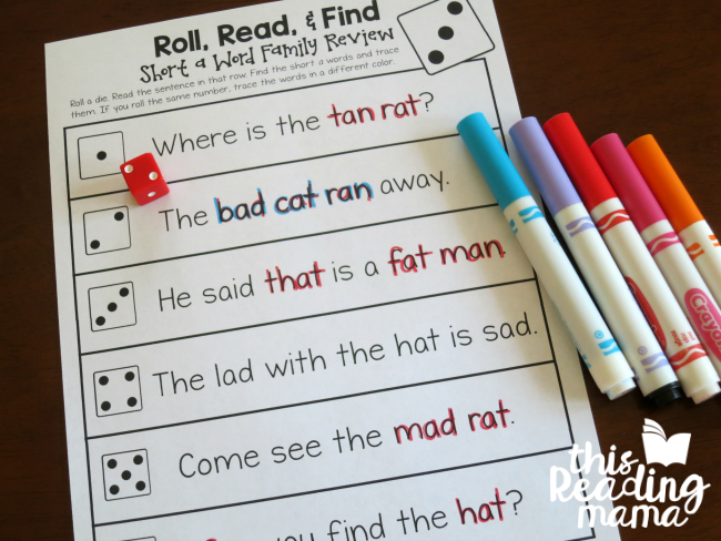 Read-Roll-Find Short a Word Families Review