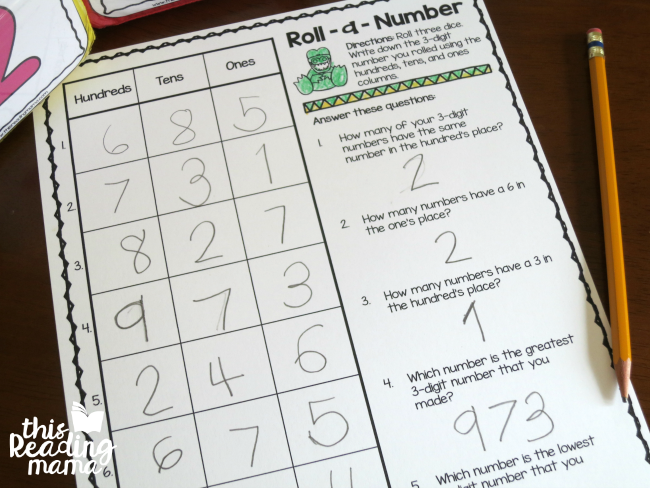 Roll a Number Worksheet for 3 digit numbers