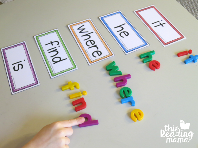 building sight words from Learn to Read Lesson 3 with magnetic letters