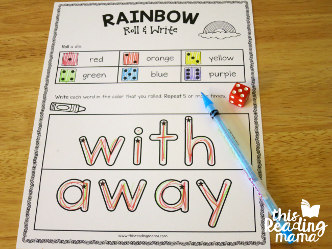 rainbow roll and write sight word page for with and away
