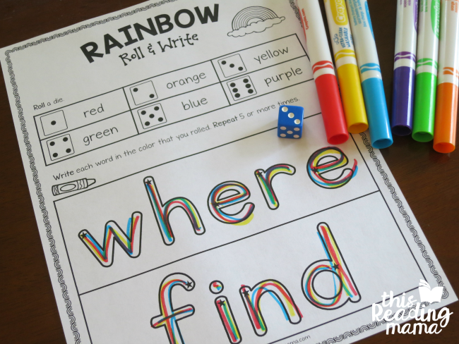 rainbow roll and write the sight words where & find