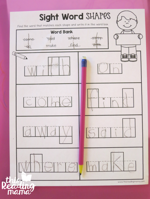 sight word review shapes page
