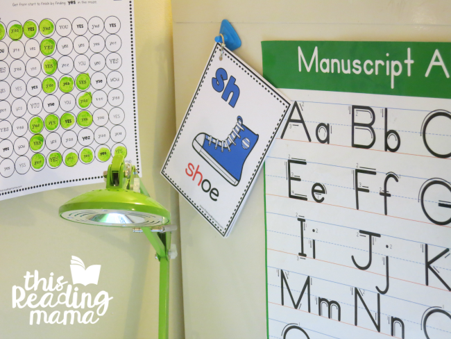 Beginning Digraph Cards hung at desk of learner for support of sounds