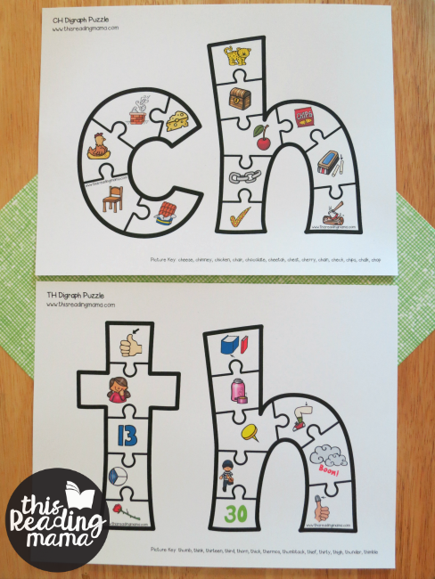 CH and TH Printable Digraph Puzzles with phonics pictures