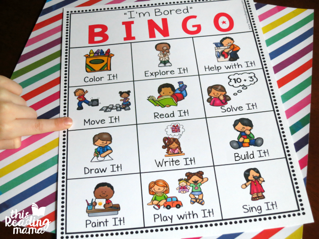 choosing an activity from I'm Bored BINGO - This Reading Mama