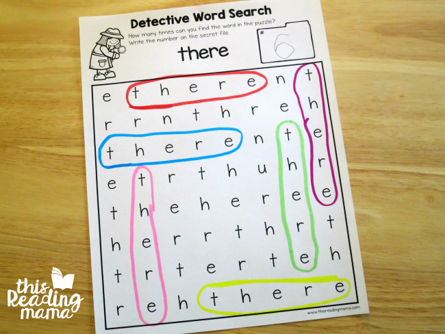 sight word search with there from Learn to Read