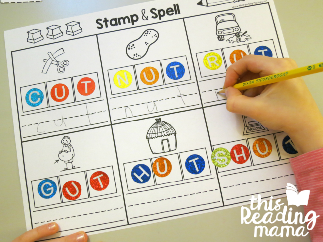 UT word family stamp and spell with stickers