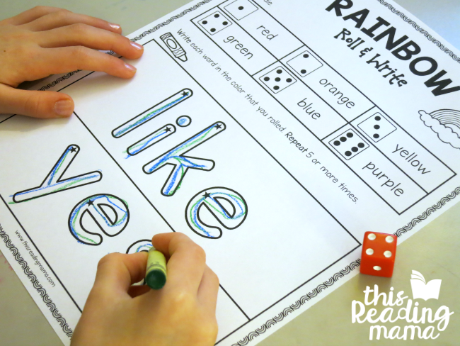 like and yes sight words - Rainbow Roll and Write