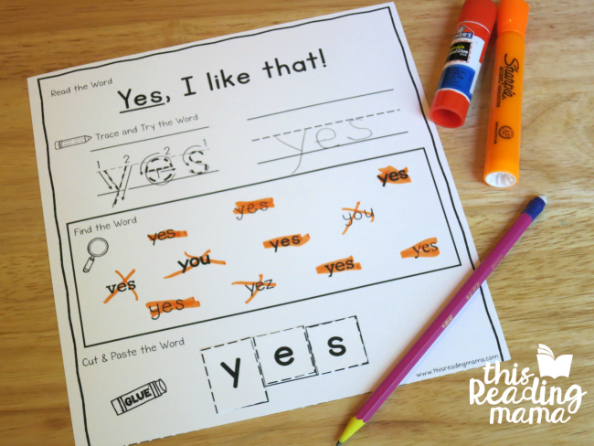 sight word activity page for yes from Learn to Read