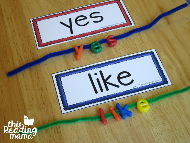 spelling sight words with lowercase letter lacing beads and pipe cleaner