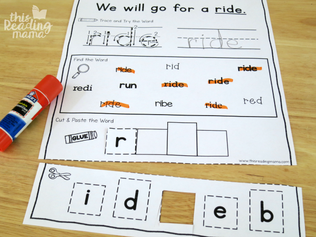 sight word activity page - ride - from Learn to Read