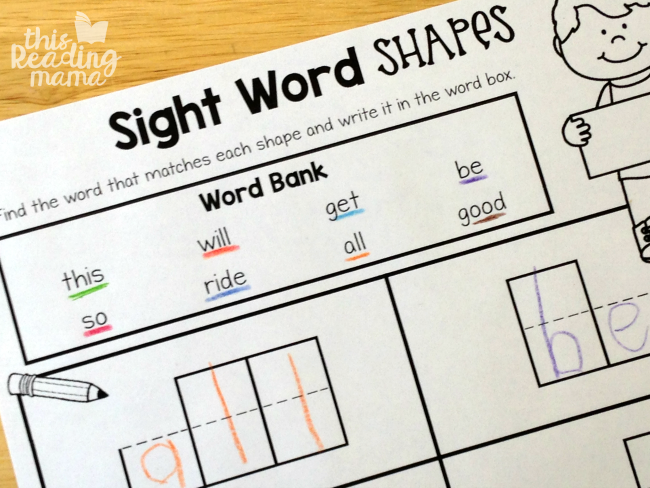 sight word shapes page with colored pencil
