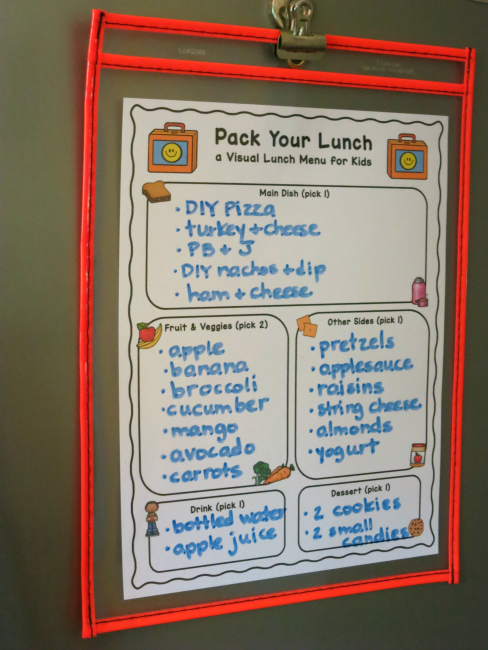 Visual Lunch Menu for Kids hung on the fridge