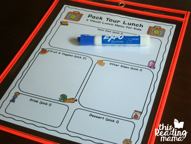 visual lunch menus - slip into protector and write options with dry erase marker
