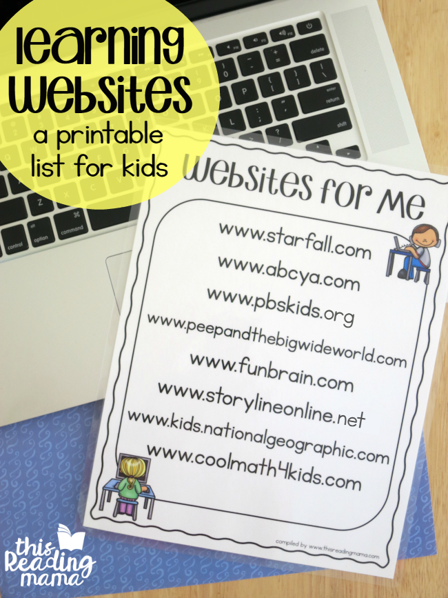 FREE Printable Learning Websites List for Kids - compiled by This Reading Mama 