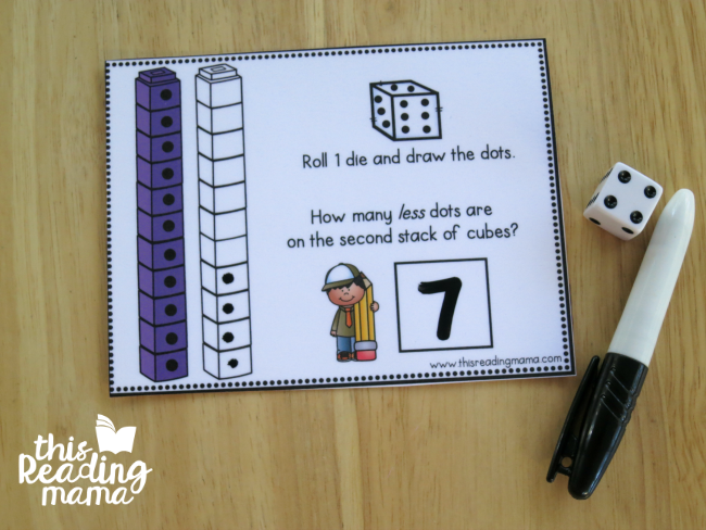 How Many Less? Task Card Example from This Reading Mama
