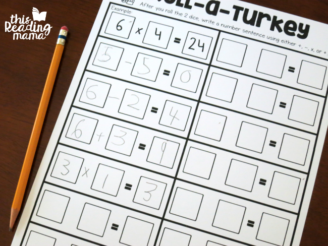 recording number sentences from roll a turkey math facts dice game