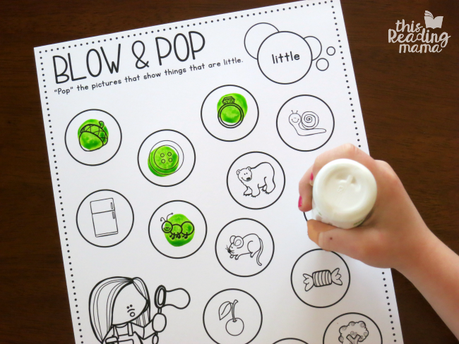 Blow and Pop Vocabulary Page - dotting things that are little