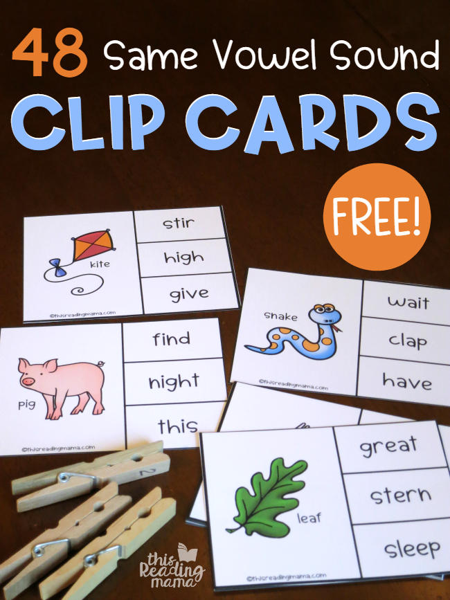 Same Vowel Sound Clip Cards - 48 free - This Reading Mama