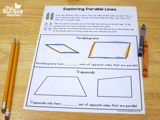 hands-on way to explore parallel lines- parallelogram vs. trapezoid