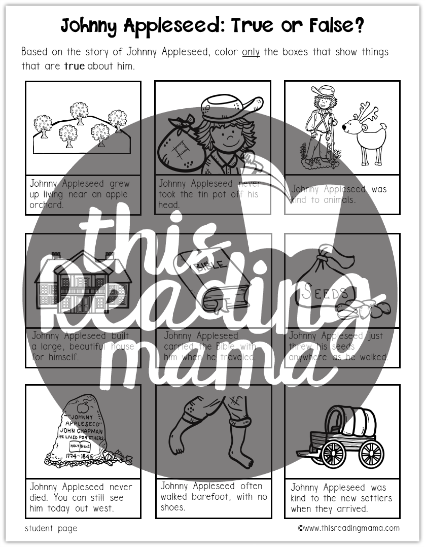 Johnny Appleseed True or False Comprehension Coloring Page - This Reading Mama