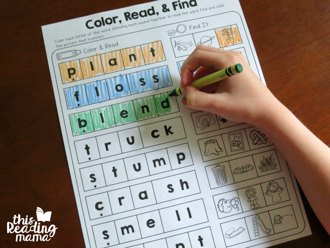 sounding out words as learners color each letter and blend the sounds