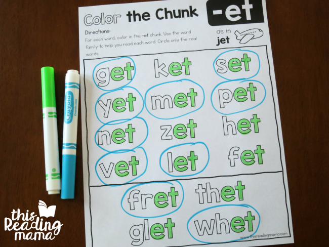 Level 2 Color the Chunk Short e Word Families -et example