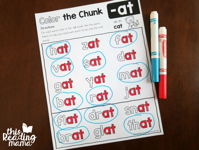 color the chunk -at word family level 2 page